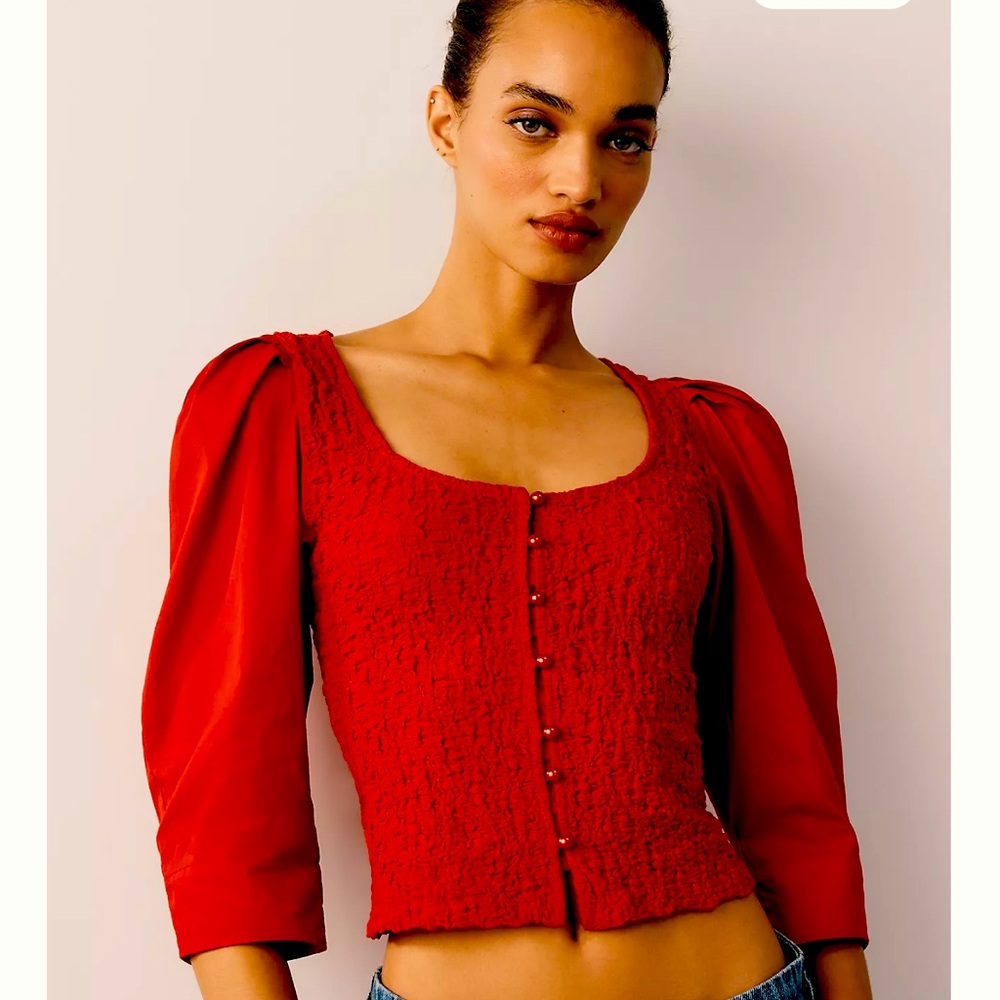 Anthropologie Red Smocked Cardigan Top - Medium NWT